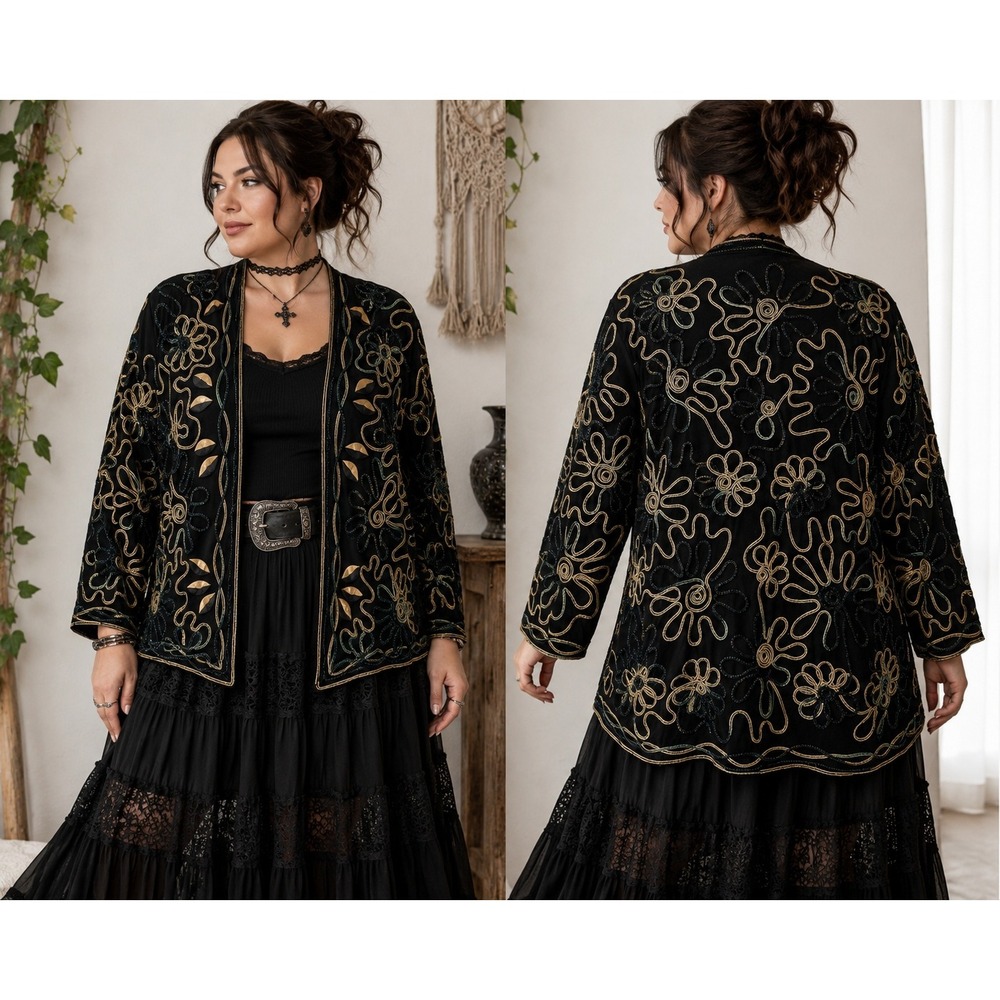 Boho Whimsiogoth Black Gold Textured Floral OpenFront Asymmetrical Hem L Jacket